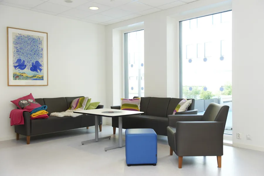 En stue med sofa og salongbord