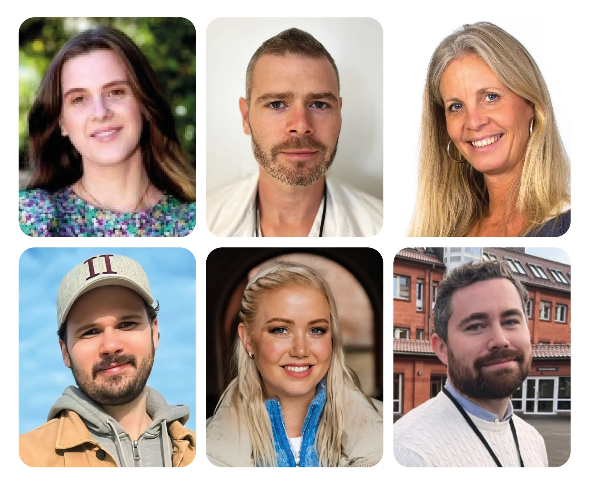 Kveldens foredragsholdere på folkemøtet om digitalt stress. Øverst fra venstre: Beate Felde, Stephen James Ryen, Marianne Hagelia. Nederst fra venstre: Ole Martin Pedersen Gjestad, Agnete Husebye og Tony Elvegaard