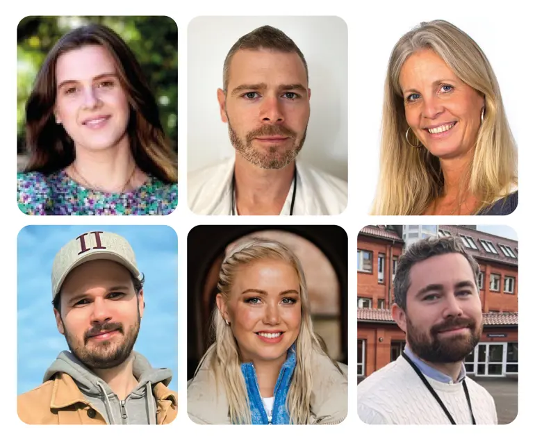 Kveldens foredragsholdere på folkemøtet om digitalt stress. Øverst fra venstre: Beate Felde, Stephen James Ryen, Marianne Hagelia. Nederst fra venstre: Ole Martin Pedersen Gjestad, Agnete Husebye og Tony Elvegaard