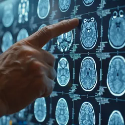 Illustrasjon: En lege som ser på røntgenbilder av hjernen