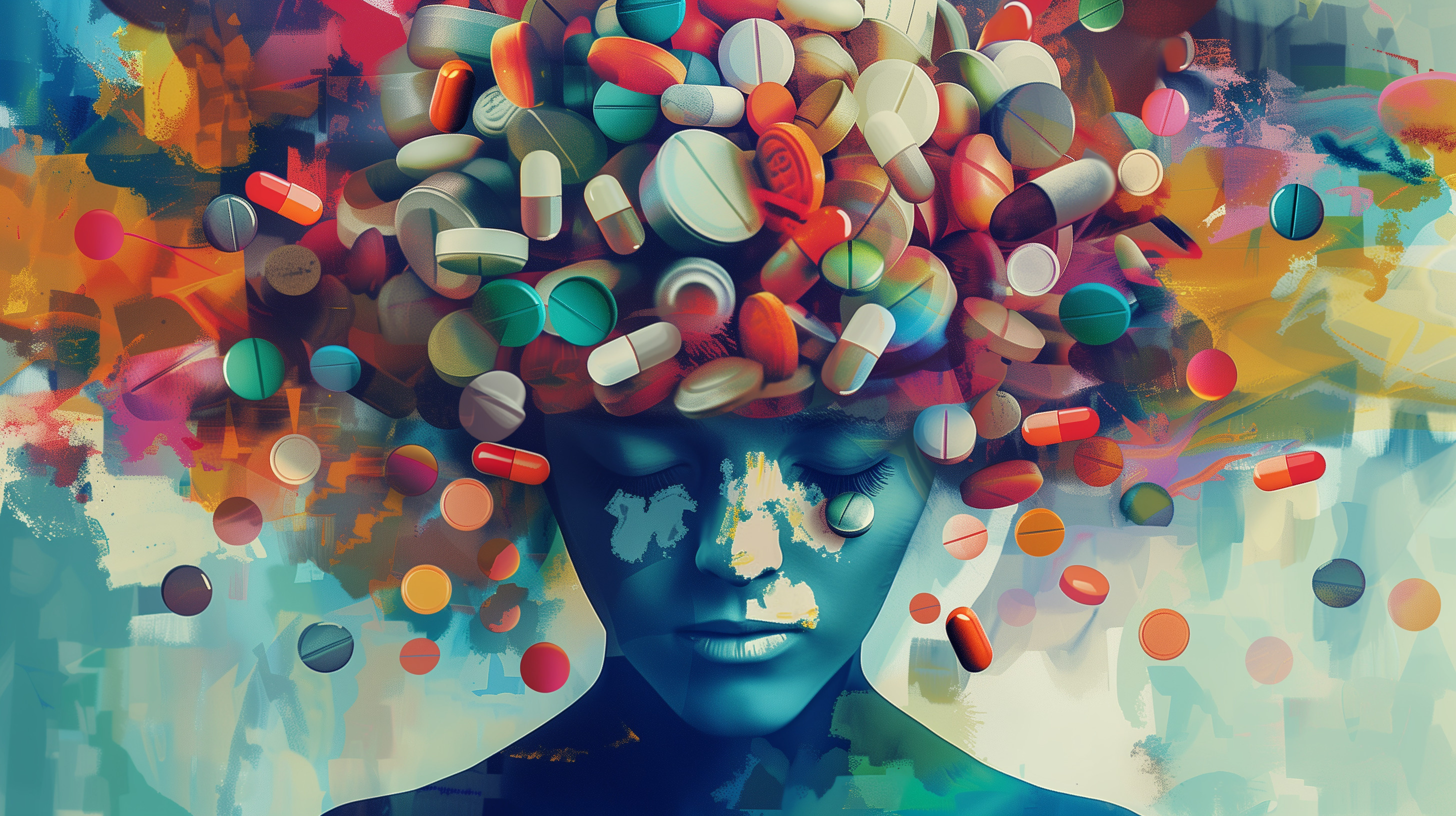 Illustrasjon: Et hode fylt med medikamenter
