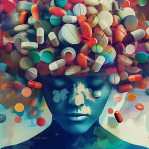 Illustrasjon: Et hode fylt med medikamenter