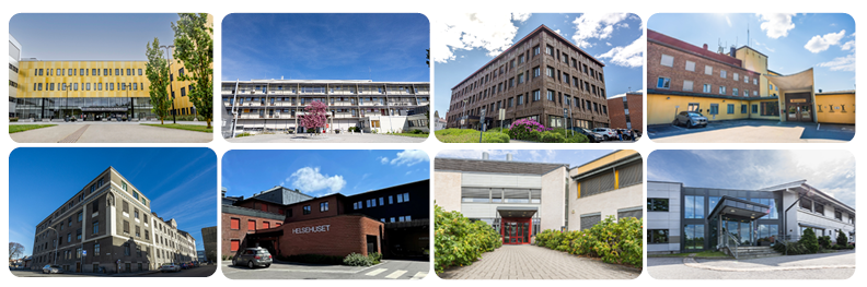 Et kollage av 8 av sykehusets lokasjoner