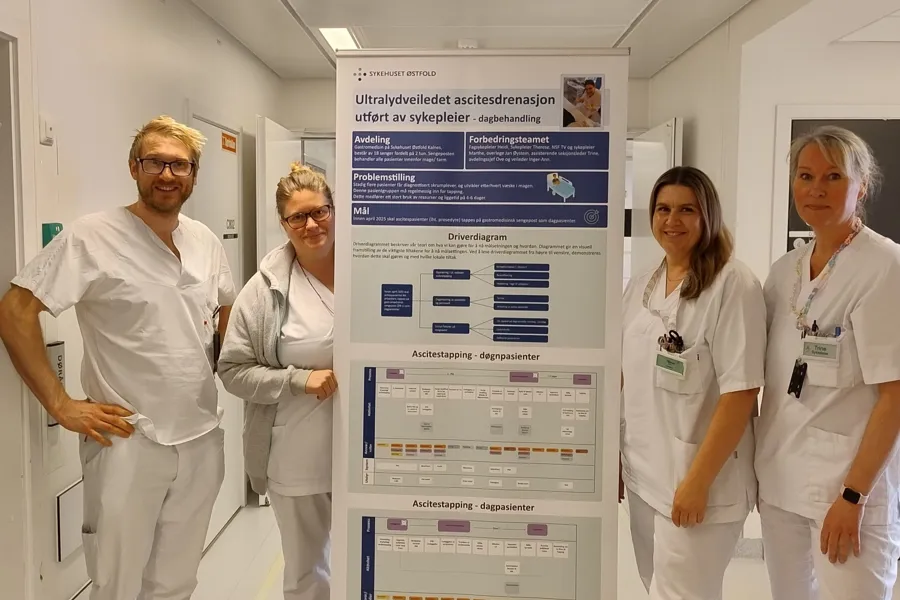Ansvarlig overlege for ascitesprosjektet Jan Øystein Gade Jacob, assisterende seksjonsleder Heidi Marie Braarud Kristiansen, sertifisert sykepleier Therese Brudalen og seksjonsleder Trine B. Nilsen.