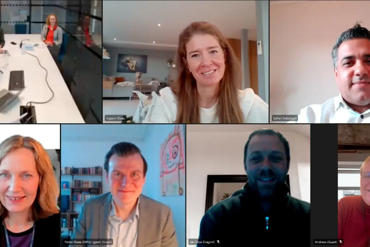Bilde av deltakere på et elektronisk møte med representanger fra sykehuset, Diffia og Sykehuspartner