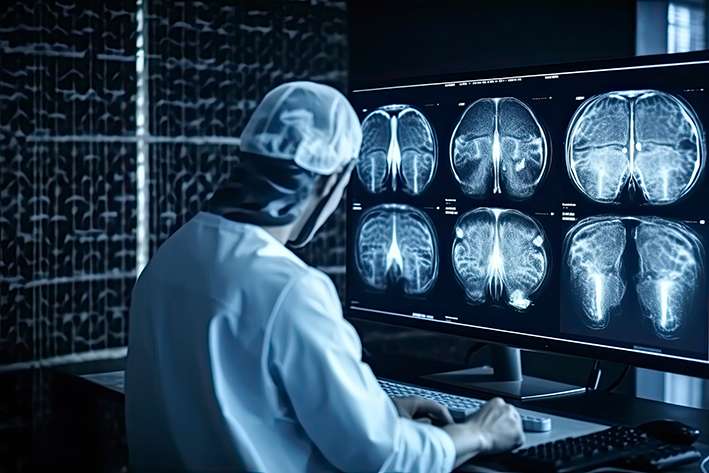 Illustrasjon: En lege ser på røntgen bilder av hjernen