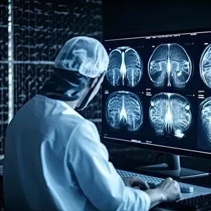 Illustrasjon: En lege ser på røntgen bilder av hjernen