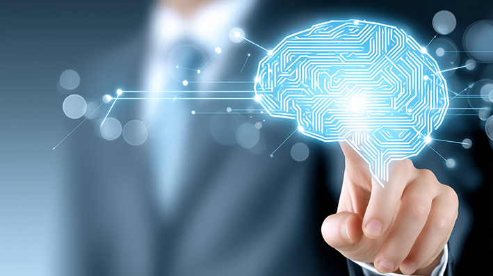 Illustrasjon: En hånd som peker på en AI figur av en hjerne