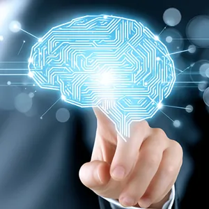 Illustrasjon: En hånd som peker på en AI figur av en hjerne