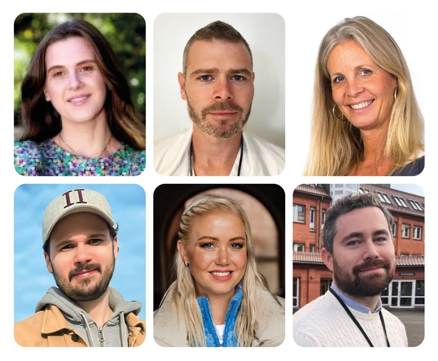 Kveldens foredragsholdere på folkemøtet om digitalt stress. Øverst fra venstre: Beate Felde, Stephen James Ryen, Marianne Hagelia. Nederst fra venstre: Ole Martin Pedersen Gjestad, Agnete Husebye og Tony Elvegaard