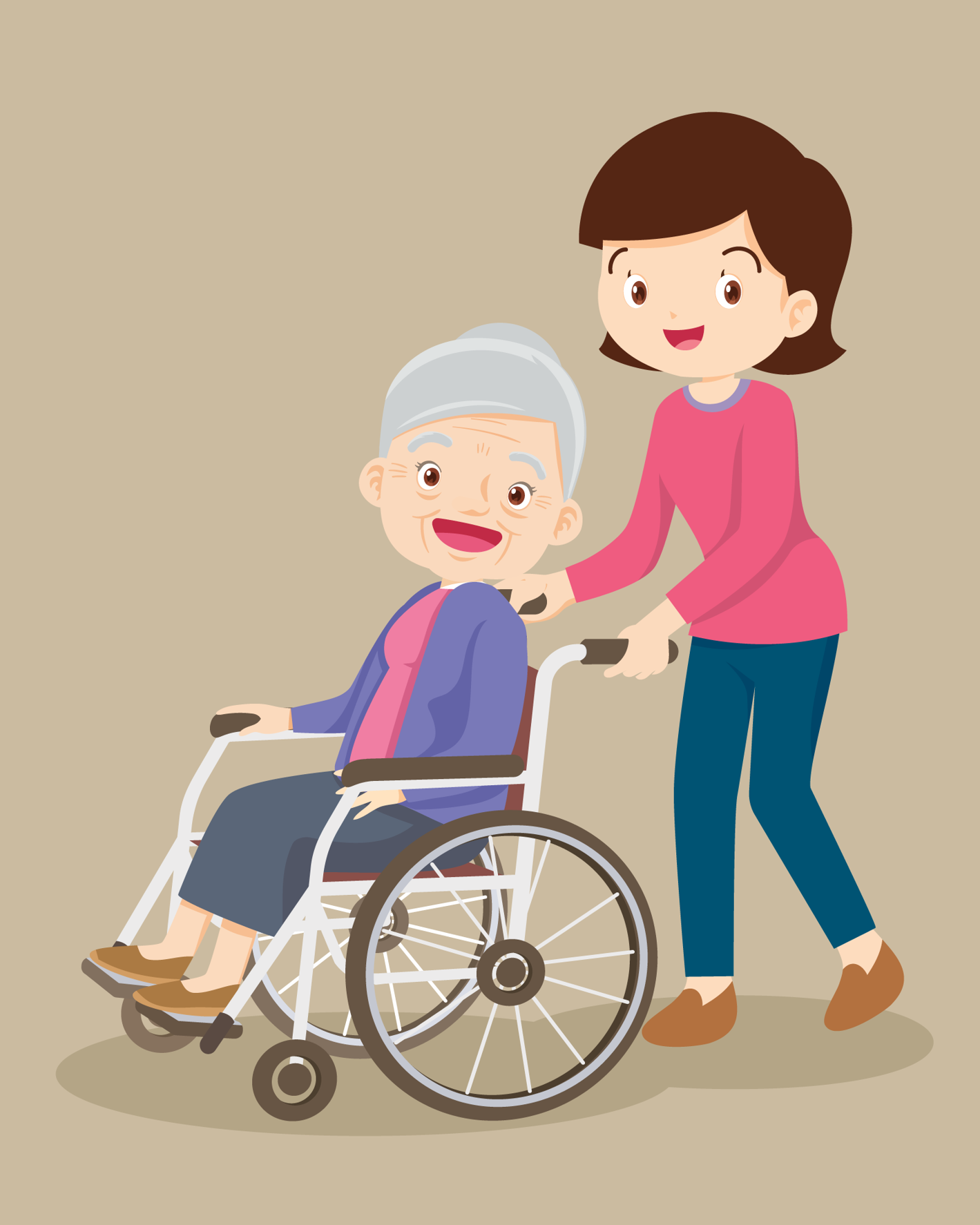 En mann som dytter en kvinne i rullestol