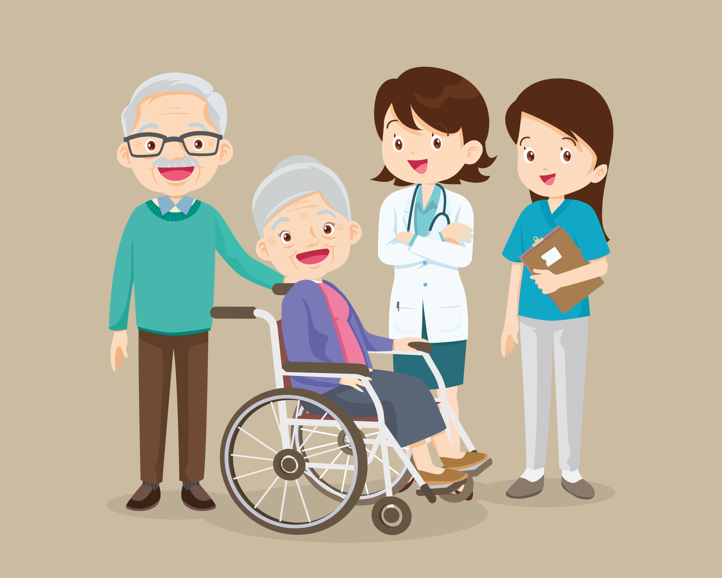 Illustrasjonsbilde: En eldre person i rullestol med helsepersonell stående rundt