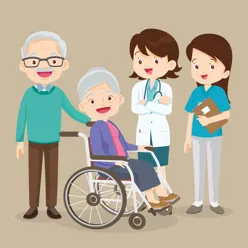 Illustrasjonsbilde: En eldre person i rullestol med helsepersonell stående rundt