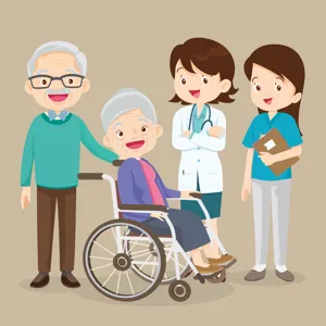 Illustrasjonsbilde: En eldre person i rullestol med helsepersonell stående rundt